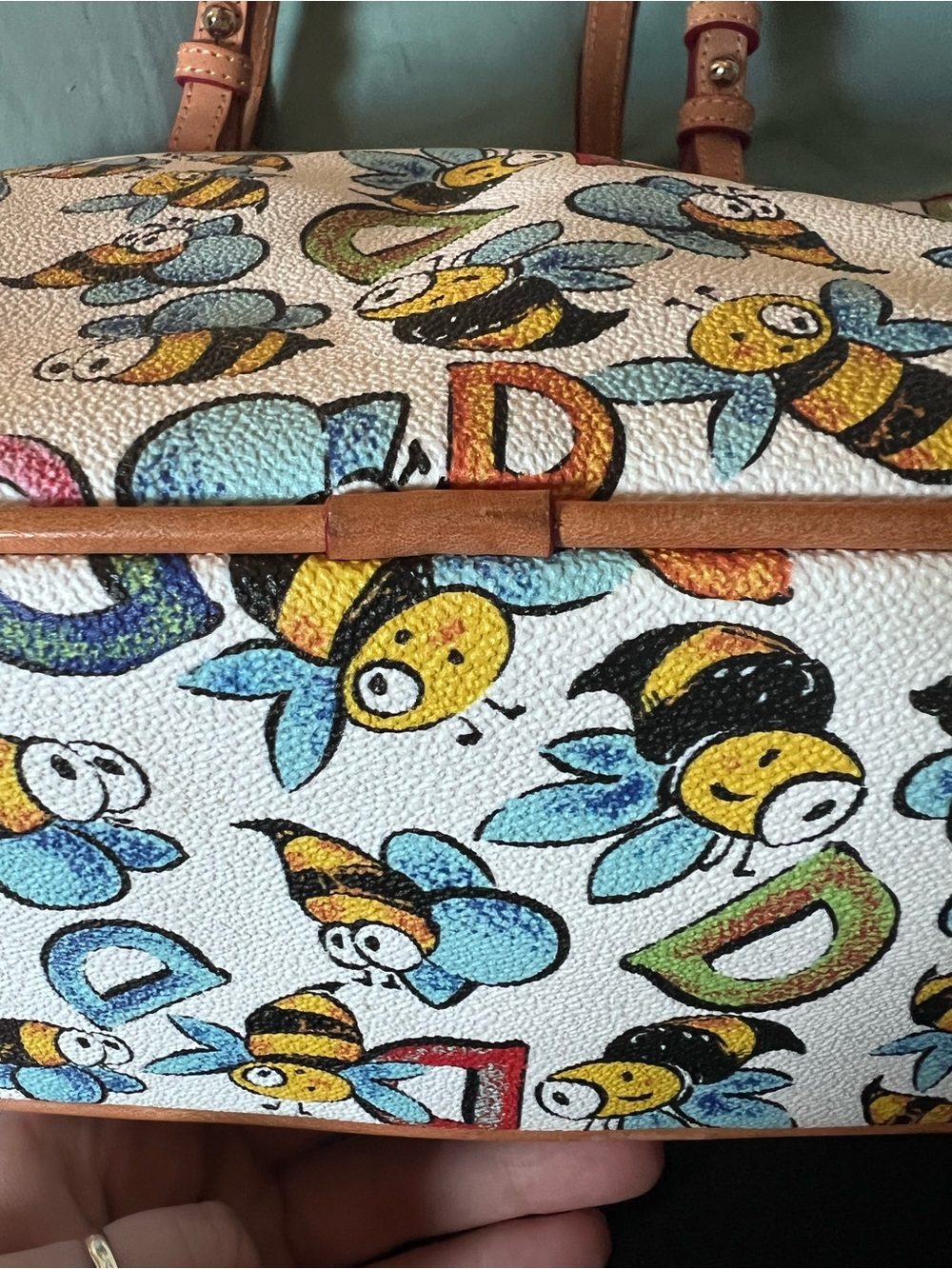 Dooney & Bourke White Bee Print Tote with Tan Trim - Picture 13 of 13